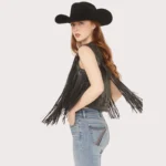 Blue B Women's Faux Leather Bandana Laser Cut Fringe Vest