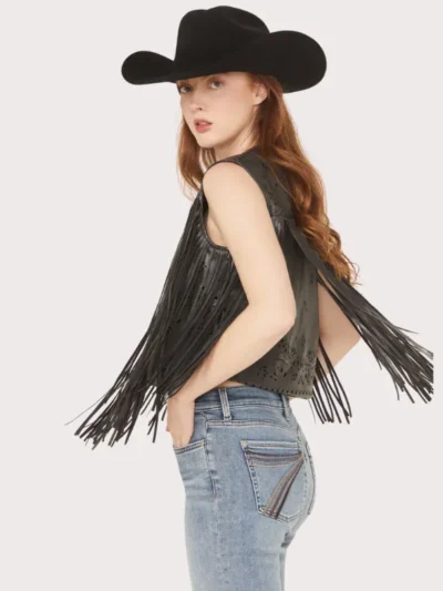 Blue B Women's Faux Leather Bandana Laser Cut Fringe Vest
