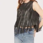 Blue B Women's Faux Leather Bandana Laser Cut Fringe Vest