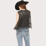 Blue B Women's Faux Leather Bandana Laser Cut Fringe Vest