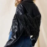 Fringe Stud Details Leather Jacket