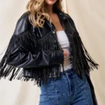 Fringe Stud Details Leather Jacket