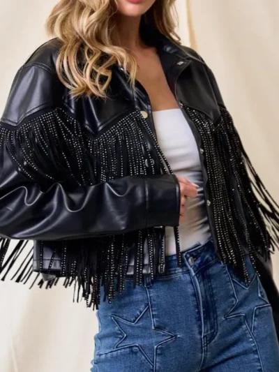 Fringe Stud Details Leather Jacket