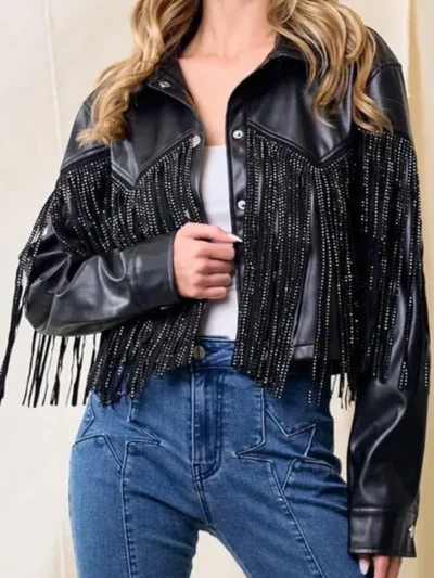 Fringe Stud Details Leather Jacket