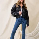 Fringe Stud Details Leather Jacket