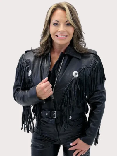 Ladies Cropped Leather Jacket With Fringe