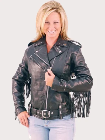 Ladies Stud And Fringe Leather Jacket