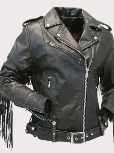 Ladies Stud And Fringe Leather Jacket