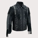 Men Black Studded Fringes White Beads Leather Jacket