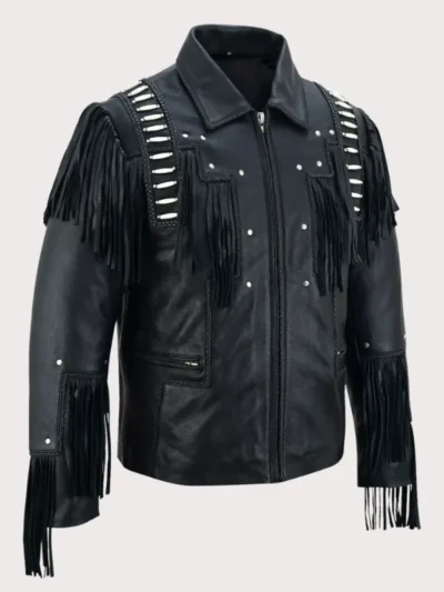 Men Black Studded Fringes White Beads Leather Jacket
