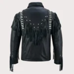 Men Black Studded Fringes White Beads Leather Jacket
