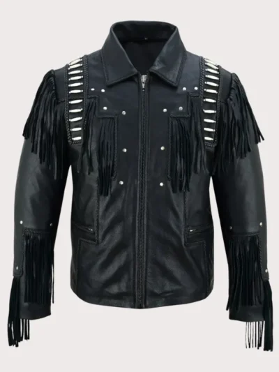 Men Black Studded Fringes White Beads Leather Jacket