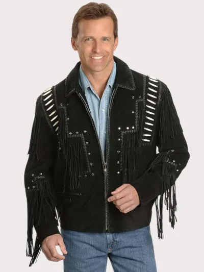 Men Black Western Fringes With Roundhead Studs