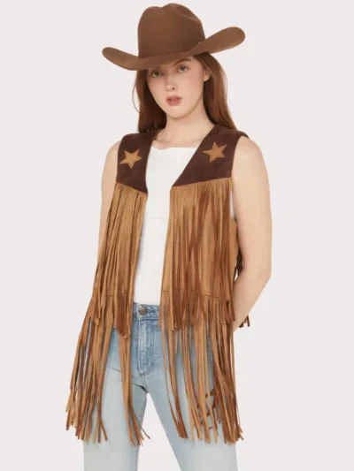 Saints & Hearts Women's Faux Suede Star Tiered Fringe Vest