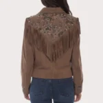 Scully Womens Floral Print Fringe Suede Western Jacket