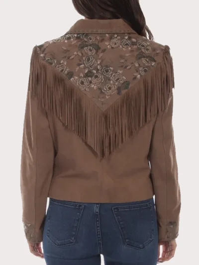 Scully Womens Floral Print Fringe Suede Western Jacket