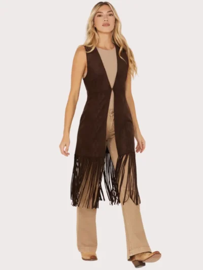 Shyanne Women's Embossed Southwestern Print Fringe Faux Suede Vest