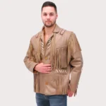 Western Brown Leather Jacket With Fringe & Bone Beading