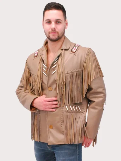 Western Brown Leather Jacket With Fringe & Bone Beading