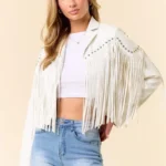Women Fringe Stud Leather Jacket