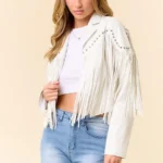 Women Fringe Stud Leather Jacket