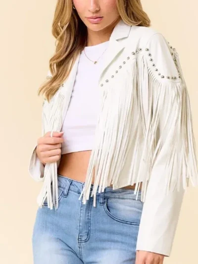 Women Fringe Stud Leather Jacket