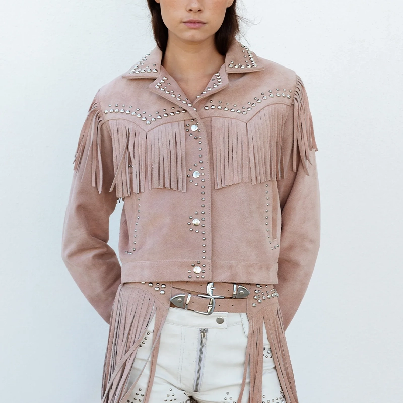 Women Studded Fringe Leather Jacket (3) Women Studded Fringe Leather Jacket