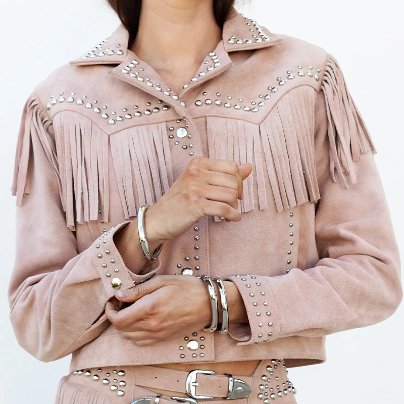 Women Studded Fringe Leather Jacket (4) Women Studded Fringe Leather Jacket