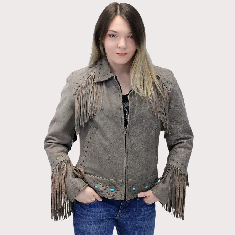 Women Turquoise and Fringe Leather Jacket (1) Women Turquoise and Fringe Leather Jacket