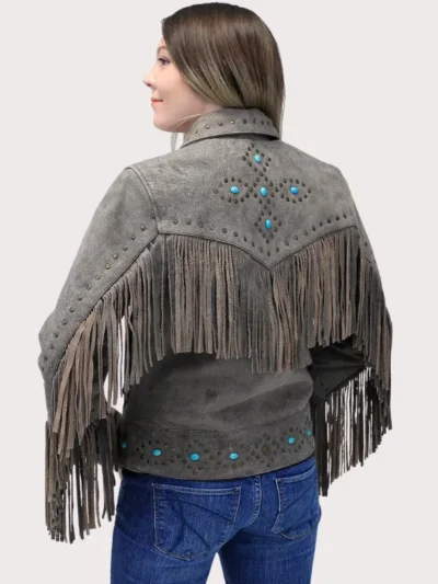 Women Turquoise and Fringe Leather Jacket