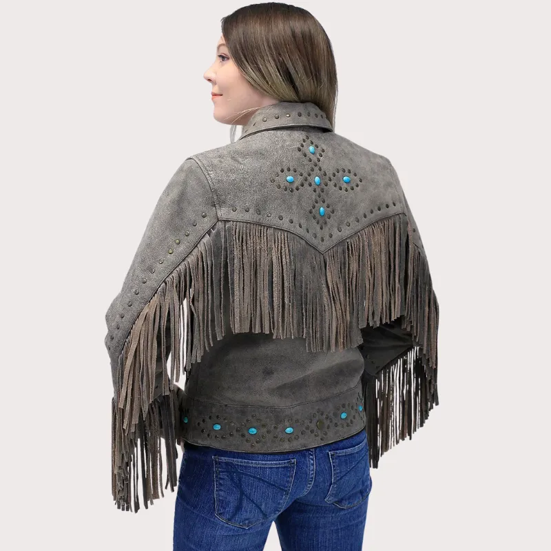 Women Turquoise and Fringe Leather Jacket (2) Women Turquoise and Fringe Leather Jacket