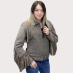 Women Turquoise and Fringe Leather Jacket