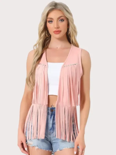 Women's 70s Western Open Front Faux Suede Fringe Vest