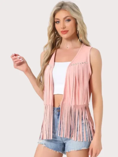 Women's 70s Western Open Front Faux Suede Fringe Vest