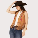 Women's Embroidered Rose Faux Suede Fringe Vest