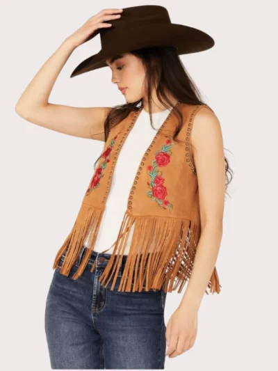 Women's Embroidered Rose Faux Suede Fringe Vest