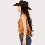 Women's Embroidered Rose Faux Suede Fringe Vest