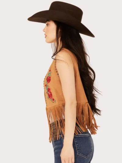 Women's Embroidered Rose Faux Suede Fringe Vest