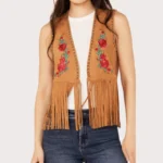 Women's Embroidered Rose Faux Suede Fringe Vest