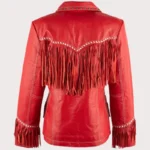 Womens Fringe Red Leather Jacket with Studs