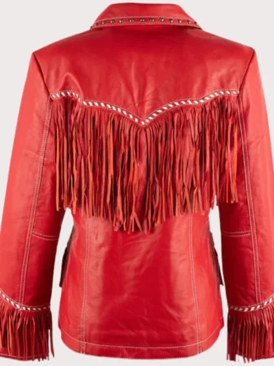 Womens Fringe Red Leather Jacket with Studs