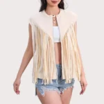 Women's Fringe Vest 70s Denim Zip Up Jacket Hippie Sleeveless Loose Costume