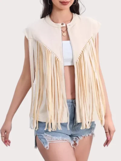 Women's Fringe Vest 70s Denim Zip Up Jacket Hippie Sleeveless Loose Costume