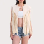 Women's Fringe Vest 70s Denim Zip Up Jacket Hippie Sleeveless Loose Costume