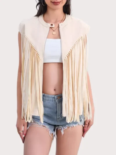 Women's Fringe Vest 70s Denim Zip Up Jacket Hippie Sleeveless Loose Costume