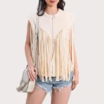 Women's Fringe Vest 70s Denim Zip Up Jacket Hippie Sleeveless Loose Costume
