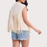 Women's Fringe Vest 70s Denim Zip Up Jacket Hippie Sleeveless Loose Costume