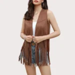 Women's Fringe Vest 70s Hippie Faux Suede Rivets Sleeveless Costume Fringe Jacket