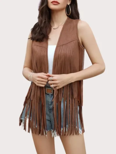 Women's Fringe Vest 70s Hippie Faux Suede Rivets Sleeveless Costume Fringe Jacket