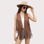 Women's Fringe Vest 70s Hippie Faux Suede Rivets Sleeveless Costume Fringe Jacket